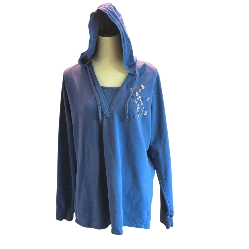 Artisan Women's XL Blue Pullover Drawstring Hoodie Floral Embroidery